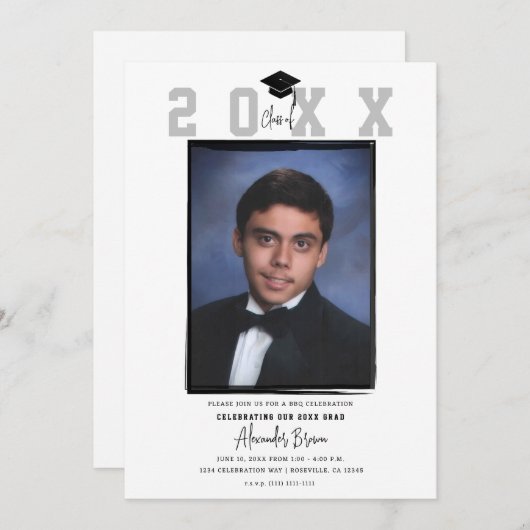 白ミニマルトレンディー写真卒業パーティー 招待状 (正面/裏面)