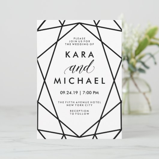 白ミニマルモダンと黒の幾何結婚学 招待状 (スタンド正面)