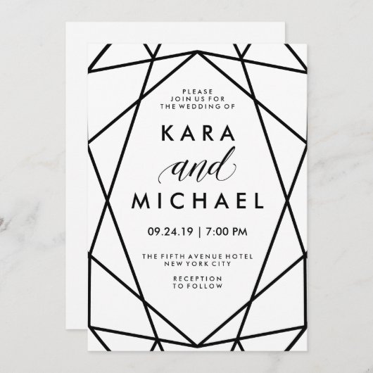白ミニマルモダンと黒の幾何結婚学 招待状 (正面/裏面)