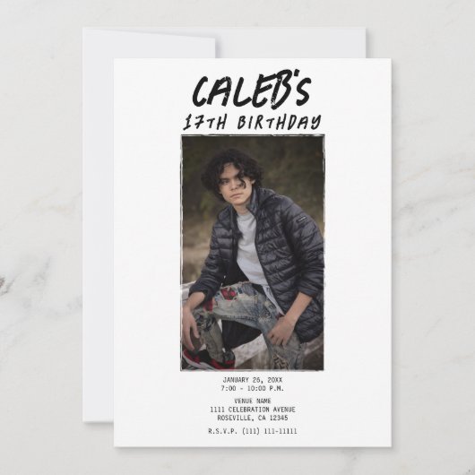 白ミニマル写真誕生日パーティー 招待状 (正面)