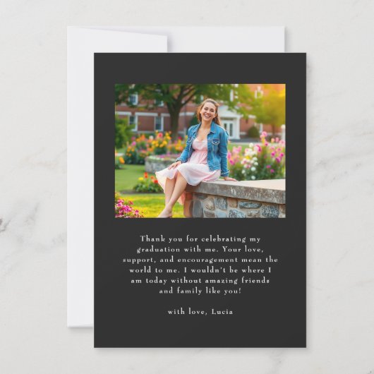 白ミニマル文字タイポグラフィ卒業写真 サンキューカード (裏面)