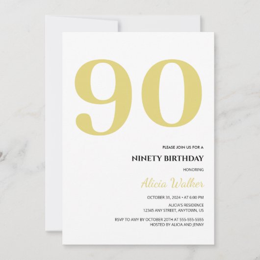 白ミニマル金ゴールドタイポグラフィ誕生日 招待状 (正面)