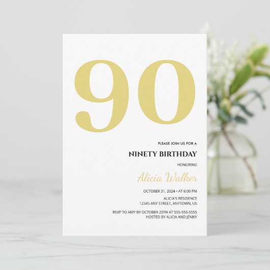 白ミニマル金ゴールドタイポグラフィ誕生日 招待状 (スタンド正面)