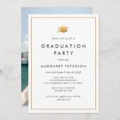 白ミニマル金ゴールド大学院写真卒業パーティー 招待状 (正面/裏面)
