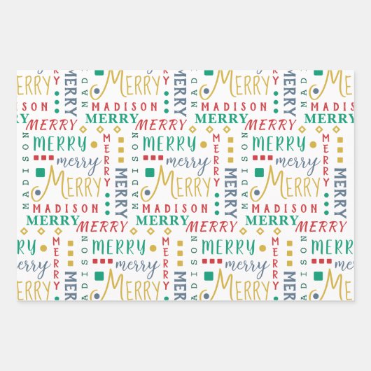 白メリーいカラフル上のスクリプト4写真クリスマス ラッピングペーパーシート (正面3)