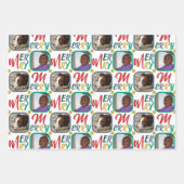 白メリーいカラフル上のスクリプト4写真クリスマス ラッピングペーパーシート (正面2)