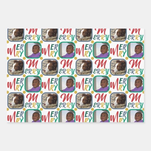 白メリーいカラフル上のスクリプト4写真クリスマス ラッピングペーパーシート (正面2)