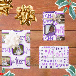 白メリーに紫のスクリプト4 Photo Christmas ラッピングペーパーシート<br><div class="desc">クリスマスパーソナライズされたの木にスマイルを持ち込む可愛い方法であるクリスマスの写真ラッピング紙と白に紫の本のスクリプトのデザインの品揃えメリーは、あなた自身を作成する簡単方法である。写真を追加してテンプレートを記入し、シート3の白いタイポグラフィデザインの紫にあなたの子供の名前メリーメリー（またはあなたの姓またはあなたが好き）を追加しカスタムて、このクリスマスの包装紙は、あなたのためだけに印刷されているものの一種である。シート1は縁ど、薄紫と紫の角が丸い正方形の形式の写真を2つ備え、レトロなヴィンテージに感じは、スクリプトとラベンダーと白の手書きフォントの二つのスタイルお洒落と、それぞれの写真の間に印刷されるプリントを行う白のラベンダーと紫。シート2は角が丸く紫色の枠を持つ正方形のクラシックでデザインされており、今回は薄紫にスクリプトの2つのスタイルメリーと、角にアクセントとして紫と紫の水玉模様を持つ写真チェッカーボードパターンでデザインされている。シート3は紫の綴りでフォントを混ぜたタイポグラフィ模様メリーで、ここでも各地でも、あなたの子どもの名前がデザインの一部になるために囲まれている。このパーソナライズされたクリスマスギフトラップは、あなたの写真とラベンダー、薄紫と白の紫の配色を特徴とし、今年のホリデーシーズンは、すべての友人と家族のためのツリーの下で喜びになるだろう。</div>