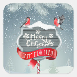 白メリーのクリスマスと鳥との新年おめでとう スクエアシール