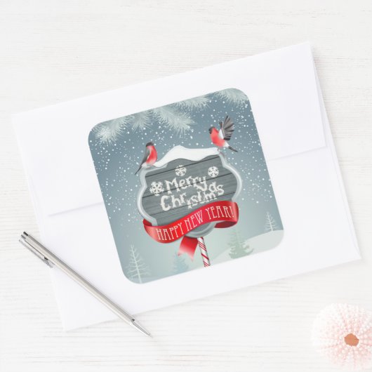白メリーのクリスマスと鳥との新年おめでとう スクエアシール (封筒)
