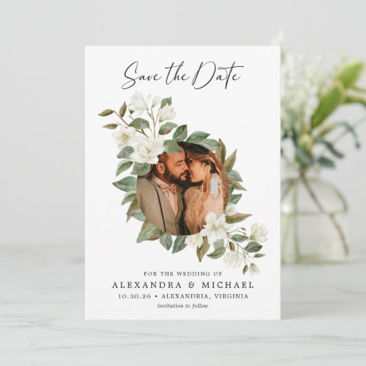 白モダンいエレガントフローラ写真の保存日付 セーブザデート (スタンド正面)