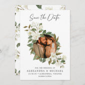 白モダンいエレガントフローラ写真の保存日付 セーブザデート (正面/裏面)