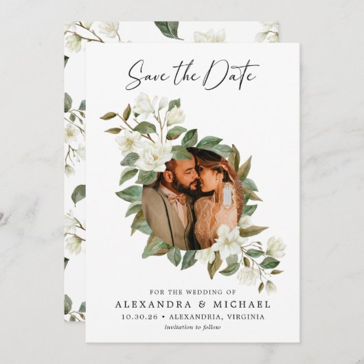 白モダンいエレガントフローラ写真の保存日付 セーブザデート (正面/裏面)