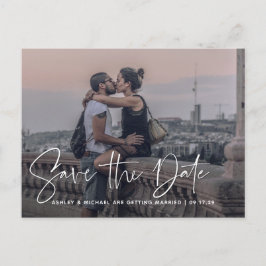 白モダンいオーバーレイの写真のスクリプ結婚ト 案内ポストカード