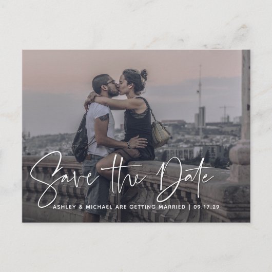 白モダンいオーバーレイの写真のスクリプ結婚ト 案内ポストカード (正面)