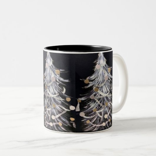 **白モダンいクリスマスツリー**クリスマスマグカップ ツートーンマグカップ (正面右)