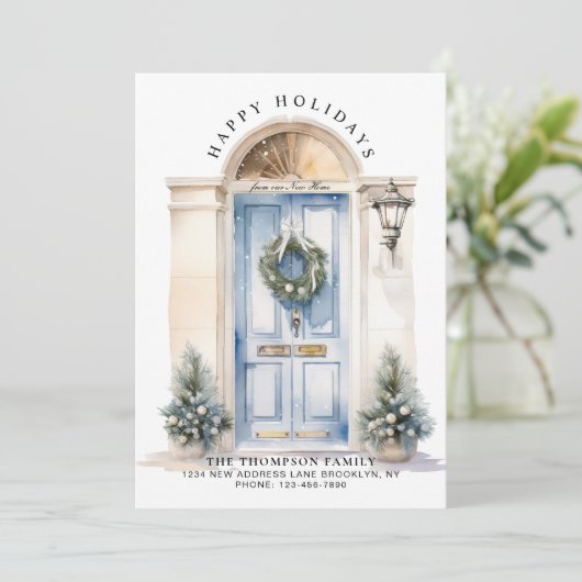 白モダンいクリスマスドア新しいホームムービング シーズンカード (スタンド正面)