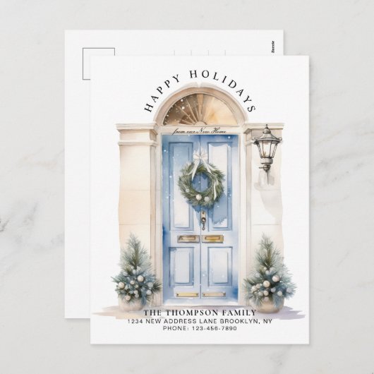 白モダンいクリスマスドア新しいホームムービング シーズンポストカード (正面/裏面)
