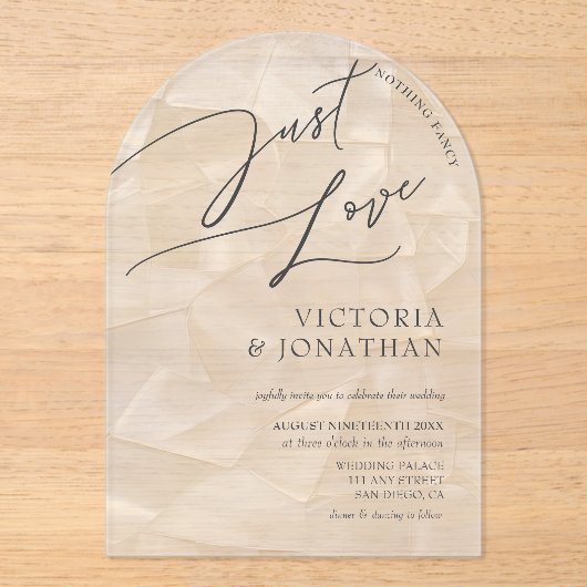 白モダンいファンシーは愛の結婚のみ アクリル招待状 (正面)