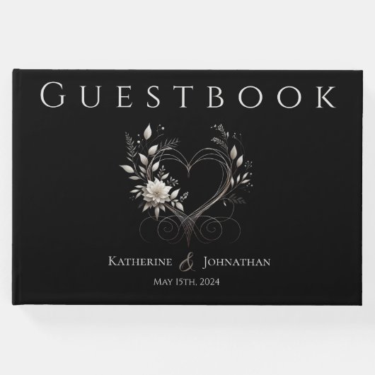 白モダンい花とハート結婚 ゲストブック (正面)
