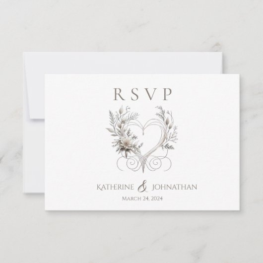 白モダンい花とハート結婚 出欠カード (正面)