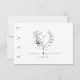 白モダンい花とハート結婚 出欠カード