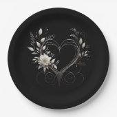 白モダンい花とハート ペーパープレート (正面)