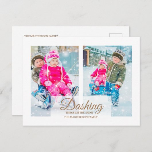 白モダンい2フォトクリスマスダッシングスノー シーズンポストカード (正面/裏面)