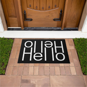 白モダンいHello Welcome Word Art On Black ドアマット