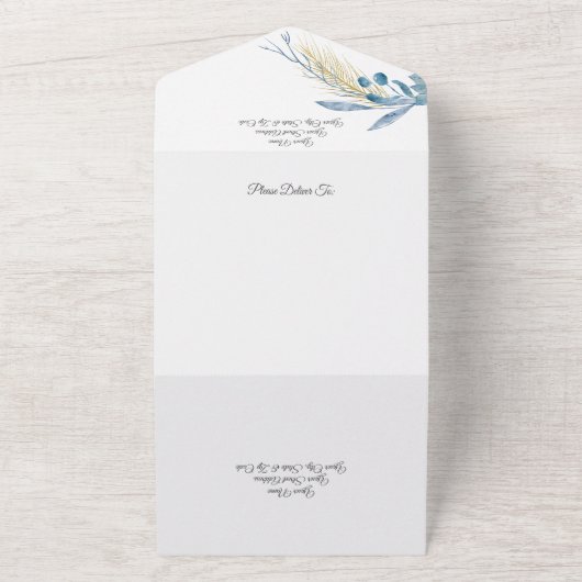 白モダンいQRコードの青と金ゴールドポインセチア オールインワン招待状 (外側)