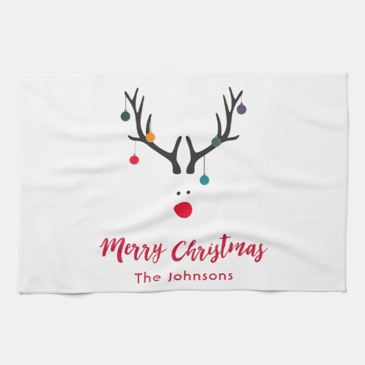 白モダンおもしろいの可愛いクリスマスのトナカイ キッチンタオル (横)