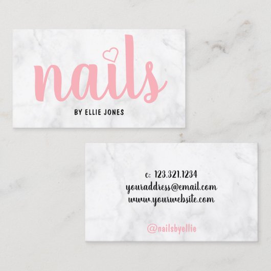 白モダンかわいらし大理石とピンクの爪、 ネイル 名刺 (正面/裏面)