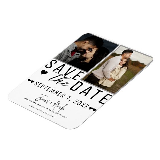 白モダンとグレー日付を保存2写真結婚の マグネット (左側)