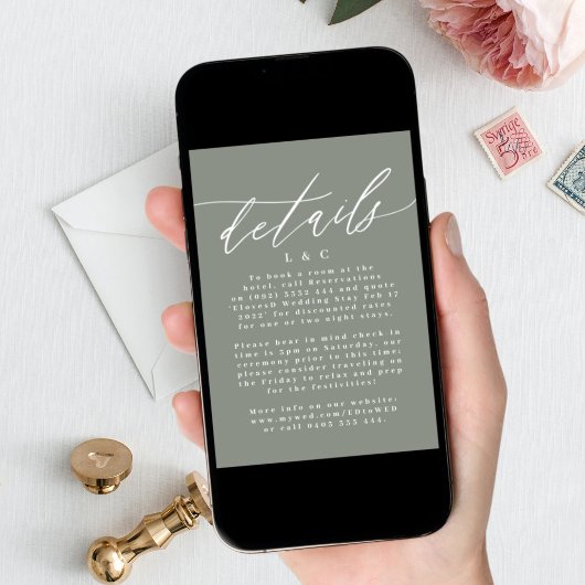 白モダンとセージ緑デジタル詳細 招待状