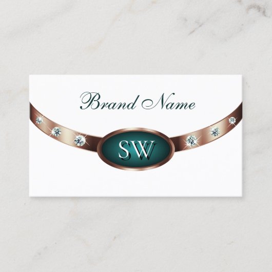 白モダンとティール（緑がかった色）バラ金ゴールドカラーズモノグラム 名刺 (正面)