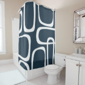 白モダンとネイビーブルーのミッドセンチュリーループ シャワーカーテン (インサイチュ)