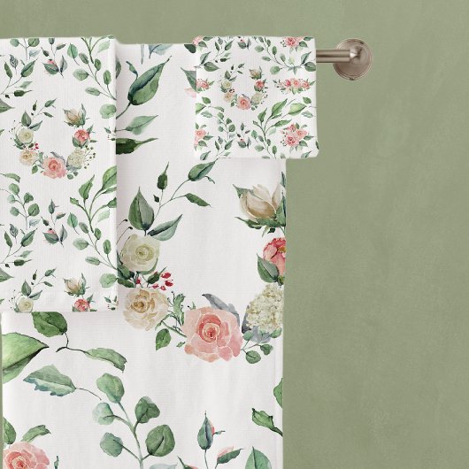 白モダンとピンクのローズローレル バスタオルセット