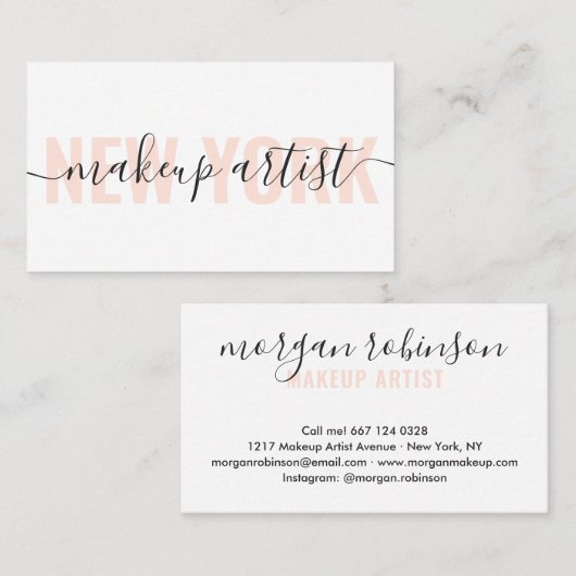 白モダンと桃のメイクアップアーティストスクリプトchic 名刺 (正面/裏面)