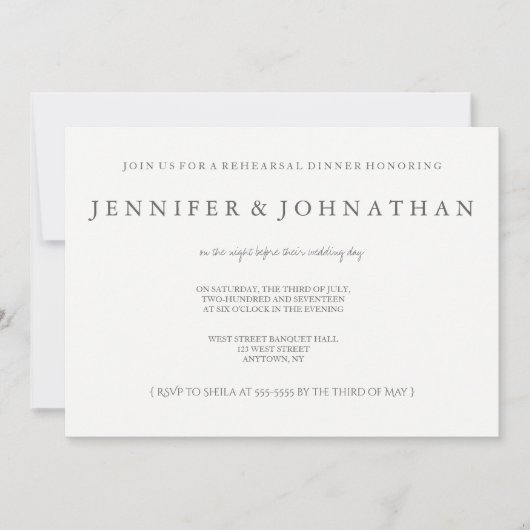 白モダンと灰色のリハーサルディナー招待状 招待状 (正面)