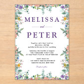 白モダンと紫の水彩花結婚 アクリル招待状 (正面)