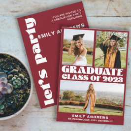 白モダンと赤3フォトグラッドパーティー 招待状