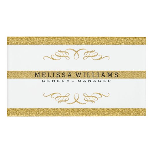 白モダンと金ゴールドのグリッターと渦巻きデザイン 名札 (正面)