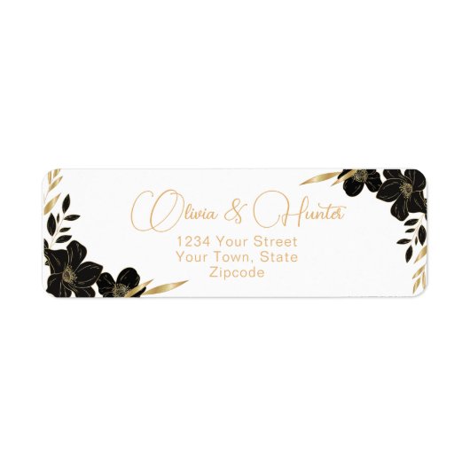 白モダンと金ゴールドのフローラのアドレ結婚ス ラベル (正面)