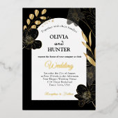 白モダンと金ゴールドのフローラ結婚写真の箔 箔招待状 (正面)