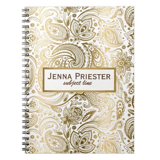 白モダンと金ゴールドのヴィンテージフローラペイズリーパターン ノートブック (正面)