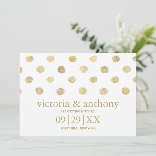 白モダンと金ゴールドの水玉模様の日付の保存 セーブザデート (スタンド正面)