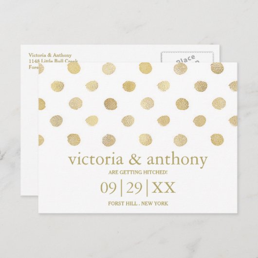 白モダンと金ゴールドの水玉模様の日付の保存 案内ポストカード (正面/裏面)
