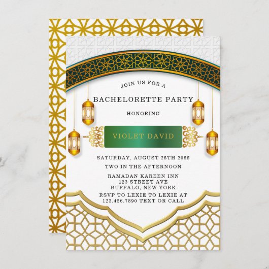 白モダンと金ゴールドイスラムバチェロレッテ 招待状 (正面/裏面)