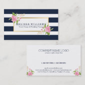 白モダンと青のストライプ金ゴールドとフローラアクセント 名刺 (正面/裏面)