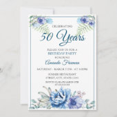 白モダンと青のフローラマザー誕生日 招待状 (正面)